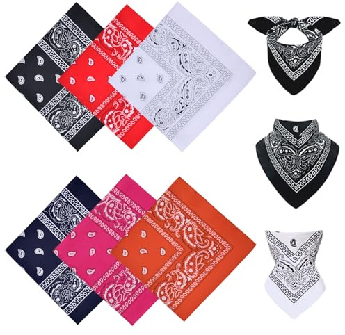 Aomig Bandana Head Scarf for Men and Women, Stylish Cowboy Headband Handkerchief, Multi-purpose Hair Scarf Paisley Print Unisex Headwraps, Bib Party Face Covering Headwear for Motorcycling(6 Packs)