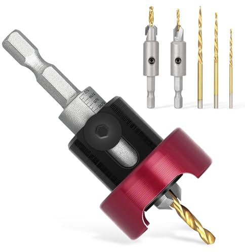KEENTECH 6-PC Carbide Tipped 82° Countersink Drill Bit Set with 3/32 & 1/8 & 5/32 Tapered and Non-Tapered Drill Bits, 3/8 Dia, 1/4 Hex Shank, Adjustable Depth Stop with Ball Bearing