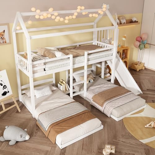 Arhatreya Letto a castello 90 x 200 cm, letto a castello con scivolo, letto a castello con 3 posti letto, letto per ragazzi e ragazzi (senza materasso) bianco