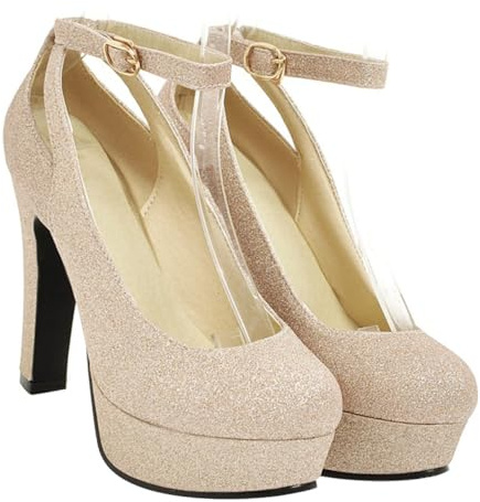 JOINPAYA Zapatos de Tacón Alto para Novia Color Dorado Talla 38 Plataforma y Tacón Grueso Zapatos de Mujer Elegantes para Bodas y Fiestas
