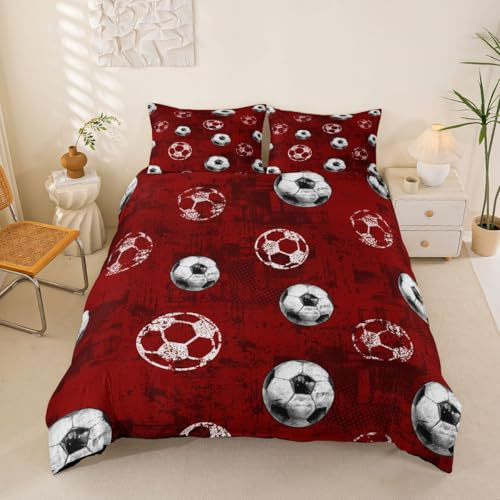 Loussiesd Set di biancheria da letto con copripiumino 3D a tema calcio, per bambini e ragazze, per ragazzi e ragazze, tema sportivo, decorazione per camera da letto, 2 pezzi, chiusura a cerniera, con