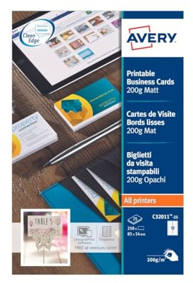 Avery Italia C32011-25 C32011-25 Biglietti da Visita Stampabili, 10 Biglietti per Foglio, Confezione da 25 Pezzi, Bianchi, Stampanti Laser