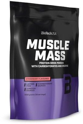 BioTechUSA Muscle Mass | Proteine e Carboidrati in Polvere | con Peptidi di Creatina e Glutammina | Guadagno | Senza Lattosio | Creatina Micronizzata | 1000 g | Fragola