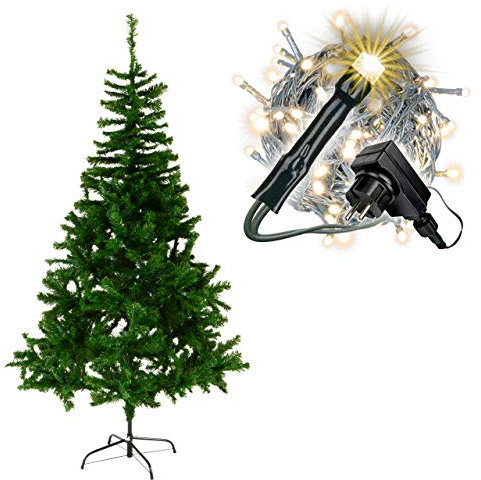 künstlicher Weihnachtsbaum Christbaum Tannenbaum grün 180 cm 673 Spitzen mit Ständer zzgl. 200 LED Lichterkette warm-weiß grünes Kabel Trafo Xmas