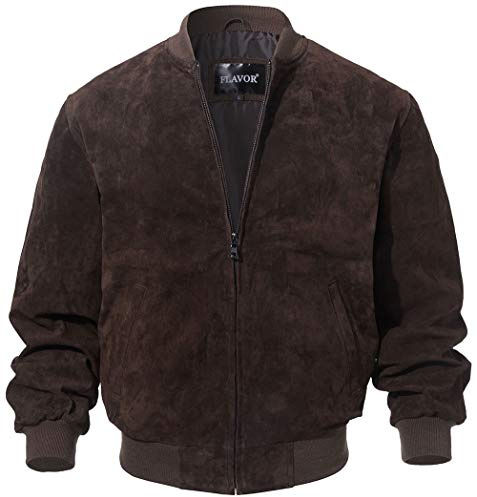 FLAVOR Men's Leather Baseball Jacket Vintage Suede Pigskin. (Medium, Dark Brown)