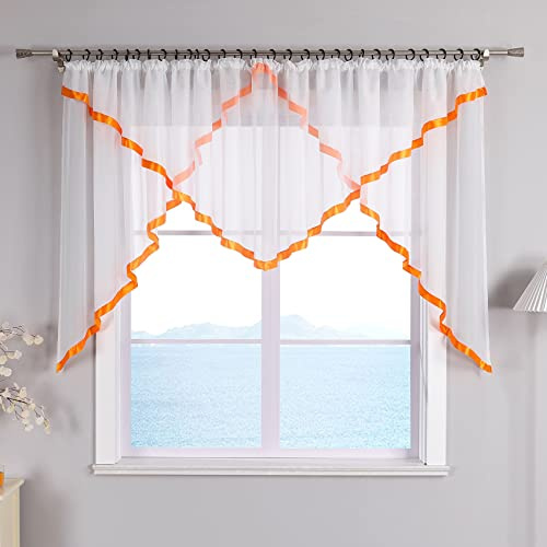 ESLIR Skivgardin med veckband gardiner kök bistrogardiner transparenta genomskinliga genomskinliga gardiner med satinband voile orange H x B 120 x 300 cm 1 styck