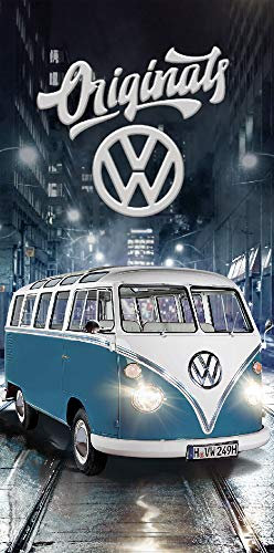 Volkswagen Badetuch VW Bulli Cut Blau 75 x 150 cm 100% Baumwolle in Veloursqualität Camper-Van Bus T1 Strandlaken Strandtuch Handtuch Badelaken Duschtuch Saunatuch Long Beach Retro Motiv 087B