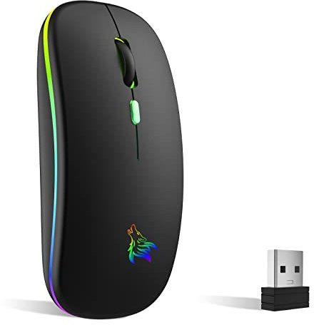 TQQ Raton Inalambrico Recargable, Ratón Retroiluminado de 7 Colores con Mini Receptor USB de 2,4 GHz, Raton Gaming, Compatible con Laptop, PC, Ordenador, Chromebook, Notebook (Black)