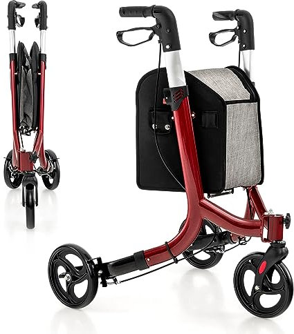 COSTWAY 3 Wheel Folding Rollator, Lightweight Aluminium Mobility Walker with Adjustable Handle, Storage Bag and Brakes, Walking Aid for Elderly Disabled (Red, 69 x 60 x 87-99 cm)