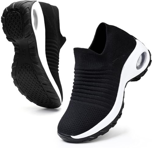 HKR Slip on Womens Trainers Memory Foam Walking Shoe Black White UK 4