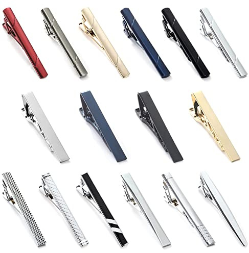Svovin 16pcs Tie Bar Clip Tie Tack Pins Tie Clips for Men Father's Day Gift Silver Black Red Blue Gold Necktie Bar Pinch Clip Set Metal Clasps Business Professional Fashion Designs