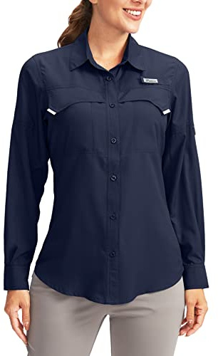 Pudolla Women's UPF 50+ UV Sun Protection Shirts Long Sleeve Fishing Hiking Shirt Cool Lightweight Travel Safari Shirts Navy XL