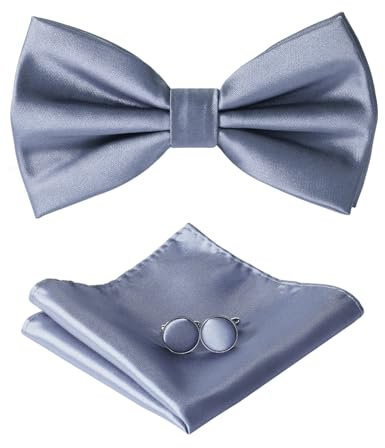 HOULIFE Fliege Herren Set - Verstellbare Satin Polyester Vorgebunden mit Einstecktuch, Manschettenknöpfe für Bräutigam Hochzeit in Geschenkbox