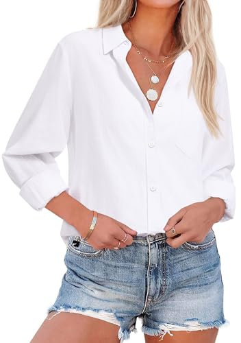siliteelon Women's Linen Cotton Button Down Shirt Long Sleeve Dress Shirts Work Blouse Top with Pocket White M