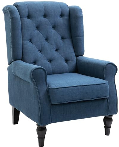 HOMCOM Wingback Accent Chair, Snow Flannel Armchair with Thick Spring Cushion, High Back, Solid Wood Legs, Retro Button Tufted Reading Chair for Living Room, Bedroom, Blue