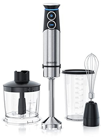 Arendo - Edelstahl Stabmixer Set - 1500 Watt - Pürierstab - stufenlose Geschwindigkeit - Turbotaste – 4-flügeliges Messer - 800 ml Messbecher – Schneebesen