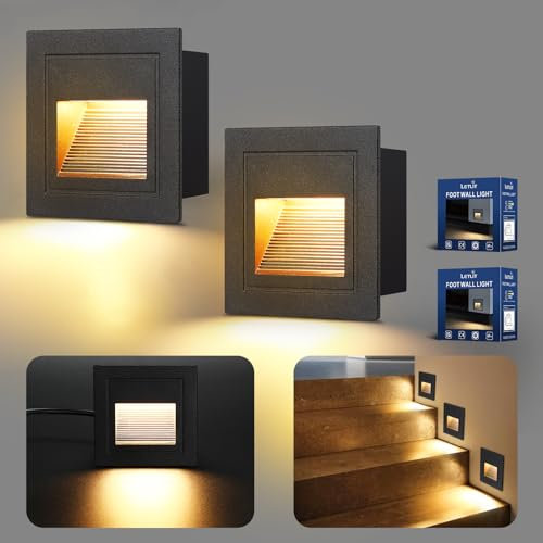 Letlit 2er Set Treppenbeleuchtung 3W, LED Treppenstufenbeleuchtung 230V 3000K, 85x85mm, IP65 300lm Wandeinbauleuchte Treppenlicht Beleuchtung für Treppen Wand, Unterputzdosen 68mm, Aluminium Schwarz
