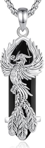 CELESTIA Phönix Kette Damen Anhänger Phoenix Versilbert Vogel Halskette mit Schwarzer Obsidian Kristalle Schmuck Ausgefallene Geschenke für Frauen Partner Geschenke