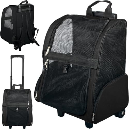 2IN1 Transporttasche mit Rollen bis 15kg Rucksack Trolley Hund Katze Hunderucksack Tasche (Schwarz)