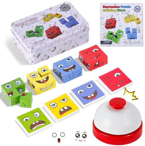 TYFYH Würfelpuzzle Holz, Ausdruck Holzpuzzle, Holzwürfel Spiel, Gesichter Puzzle Bauwürfel, 3D Puzzle Face Changing Magic Cube, Mastugart Spiel für 3 4 5 6 7 Kinder mit Tischglocke (1)
