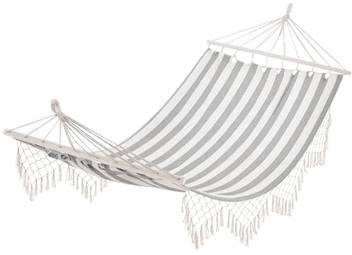 Outsunny Hamaca de Jardín 200x100 cm Hamaca Colgante con Travesaños de Madera Carga 120 kg para Patio Terraza Balcón Camping Gris y Crema