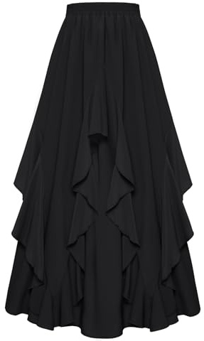 Scarlet darkness kvinnor maxikjol chiffong elastisk midja A-linje lång kjol stuga swing kjolar, Svart, XL