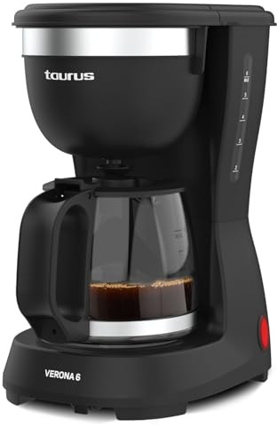 Taurus - Cafetera de Goteo Verona 6 | 600W | 600ml | Intense Flavour Tech | Placa Calefactora | Filtro Permanente Lavable | Jarra Cristal Antigoteo | Diseño Compacto Negro Mate | BPA Free