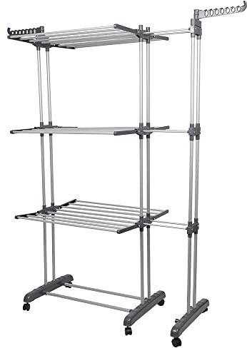 OHMG Séchoir à Linge Tour Peu encombrant avec 6 Ailes Pliables sur 3 Niveaux, étendoir à Linge Extensible Longueur 75-142.5cm, Table de Lavage Pliable pour l'intérieur et familles,avec 6 roulettes