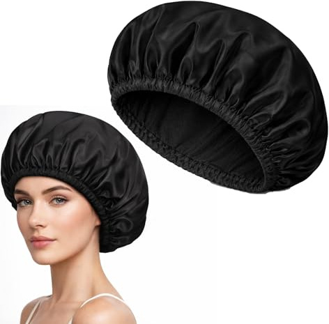 Reusable Waterproof Shower Cap for Women – Triple Layer Hair Bonnet with Terry Cloth Lining Adjustable Elastic Fit and Full Coverage – Ideal for Long Thick Hair Sleep Bath Facial Spa Use
