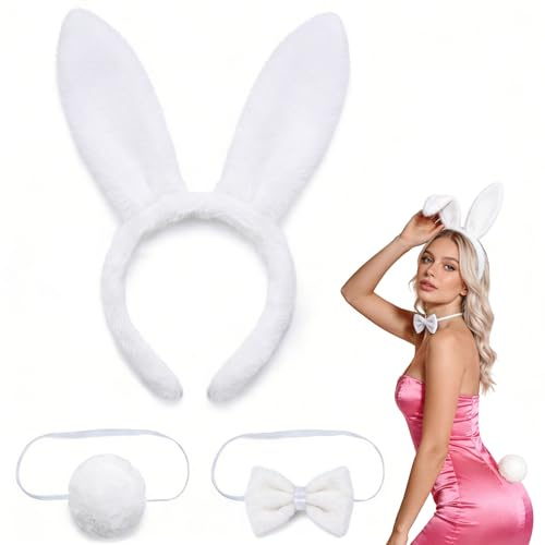 Lysjoy Orejas Conejo Disfraz, Conjunto De Disfraz Conejo Con Pajarita Y Cola, Orejas De Conejo,Orejas De Conejo Disfraz Adulto Para Carnaval, Halloween, Pascua, Cosplay (Blanco)