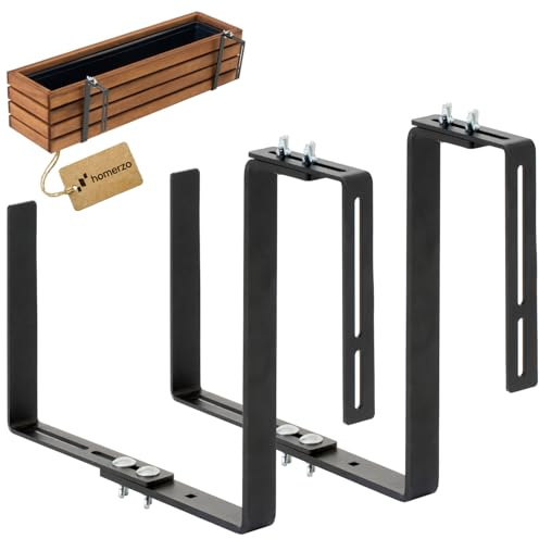 HOMERZO Set di 2 supporti per fioriere da balcone – Estremamente stabili (5 mm massicci) & regolabili (15-24 cm) – Supporto per fioriere massiccio per fioriere larghe & ringhiere fino a 15 cm – Nero