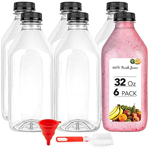 32 Oz Juice Bottles with Caps (6 Pack) - Reusable Clear Plastic Drink Containers for Mini Fridge - Water Bottles Bulk - Includes Labels, Brush & Funnel