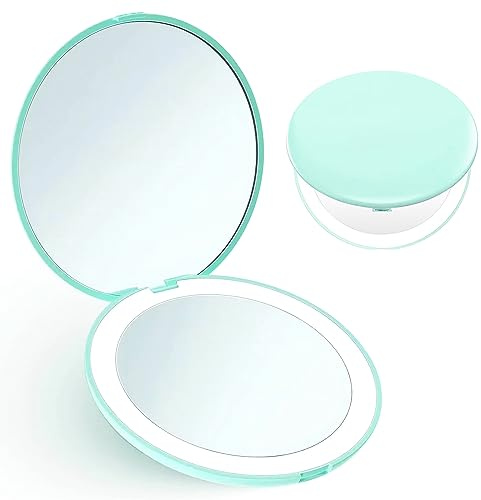 Giazee Miroir de maquillage compact avec grossissement x1/x10 et éclairage LED pour sac à main - pliable - Bleu Tiffany