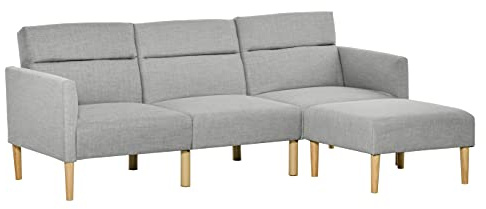 HOMCOM Upholstered 3 Seater Sofa Bed, Corner Reversible Click Clack Sofa Set, Linen-Touch Fabric Sleeper Futon with Footstool, Light Grey