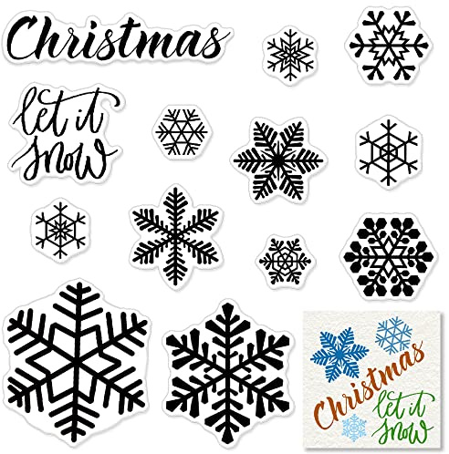 Christmas Clear Stamps Decorative Xmas Theme Winter Blessing Sentiment Words, Snowflake Clear Rubber Scrapbooking Stamps with Sentiment for Card Making DIY Photo Album