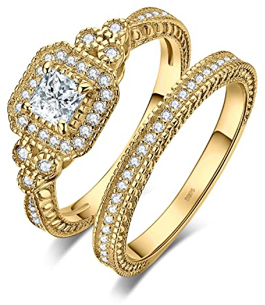 JewelryPalace Bague Femme de Fiançailles Coupe Carré Princesse Zircon Cubique Anniversaire Promesse Mariage Ensembles Channel Anneau Alliance Nuptial en Argent Sterling 925 Magnifique Plaqué Or Jaune