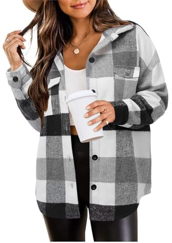 Zeagoo Blouse Femme Épais Mélange de Laine Blouse à Carreaux Femme Bouton Down Chemise Manches Longues Blouse Loose Casual Gris Blanc XXL