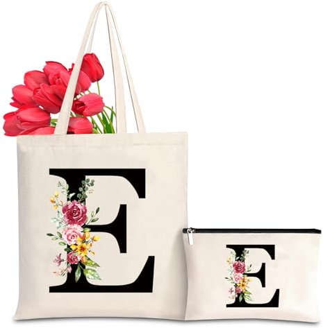 Baumwolltasche personalisiert mit Namen, Frauen Initialen Leinwand Geschenk Tragetasche und Kosmetiktasche für Damen Freundin Mama Schwestern Ehefrau Geburtstag, Valentinstag, Muttertag Tasche(E)