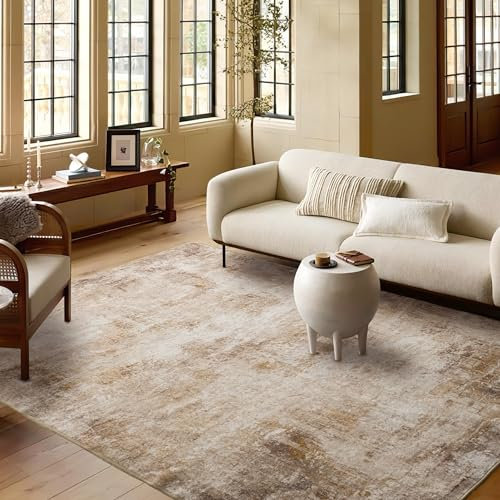 PONY DANCE Waschbarer Teppich Boho Wohnzimmer 160x230 cm Dünne und Flauschige Kurzflor Teppiche rutschfest für Schlafzimmer/Esszimmer, Karamell Reflexionen