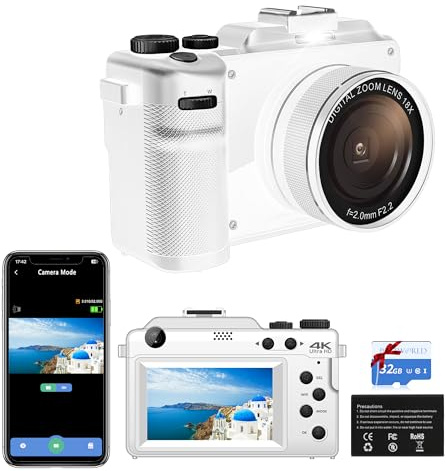 PORTWORLD 4K digital kompakt kamera för fotografi: 18 x zoom resa vloggkamera med 32 GB TF-kort för Youtube Tk, 3 tum autofokus kompaktkamera för tonåringar nybörjare