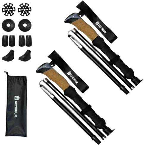 GETORIUM Bâtons de randonnée et de Trekking Pliables réglables : Lot de 2, idéal pour l'alpinisme, Le Trail et Les Voyages en randonnée (Noir, 110-130)