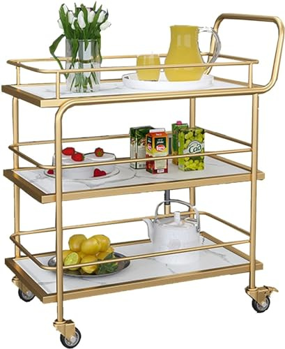 Carrello Per Bevande Carrello Bar Oro Su Ruote Carrello Bar Da Servizio A 2/3 Livelli Con Ruote Bloccabili Carrello Portaoggetti Per Soggiorno Cucina, Scaffale Multiuso Mater(Size:3-Tier,Color:Bianco)