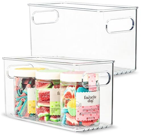 primebox 2 pack Clear Plastic Storage Container Bin with Integrated Easy Grip Handles. For Kitchen, Fridge, Freezer, Cabinet, Pantry, Bathroom Organization. 10x4x5