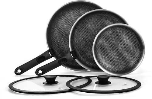 ROYDX Antihaft-Bratpfannen-Set, 18/10 Edelstahl Bratpfannen-Sets 20/25/30 cm, Zwei Deckel und Abnehmbare Griffe, Stapelbar, Einfache Reinigung, Alle Herdarten Kompatibel Inklusive Induktion