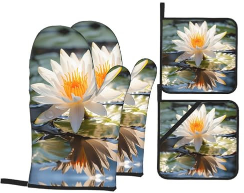 WZYWHJ Set di 4 guanti da forno e presine, guanti da forno, presine e guanti da forno per cucina, cottura al forno, grigliate, stampa floreale nazionale thailandese