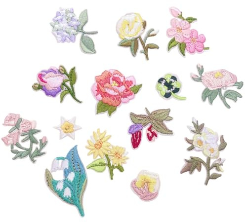 14 stycken patchar att stryka på blommor, broderade lappar, stryklappar, mångsidiga stryklappar för klädreparation och dekoration, med olika blommotiv