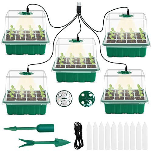 DOUUCO 5 Stück Zimmergewächshaus Anzuchtkasten, Mini Gewächshaus Anzuchtbox Sonnenähnliche Pflanzenlichter mit Vollem Spektrum, Anzucht Set mit emit Erhöhtem Deckel zur Belüftung für Saatgutanbau
