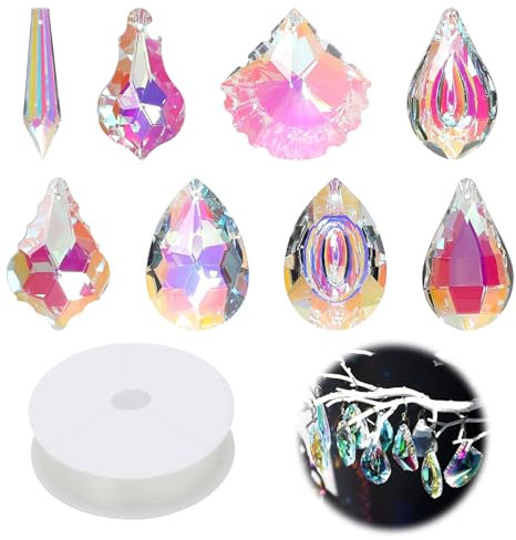 Lot de 8 Attrape Soleil Cristal Suspendu, Perle Cristals pour Attrape-Soleil, Boule de Prisme Cristal avec Cordon Bijoux pour Fenêtre, Décoration