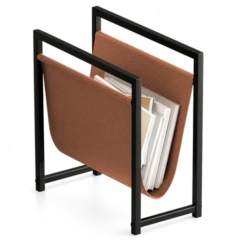EMIDECO Porte-revues métal noir cuir marron clair – Range magazines design moderne – Support journaux livres – Rangement gain de place salon bureau – Porte magazine élégant