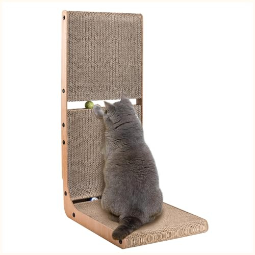 AUSCAT Cardboard Cat Scratcher, Vertical Scratching Board for Indoor Cats, 27.2 Inch/69 cm L Shaped Cat Scratchers with Two Build-In Toy Balls